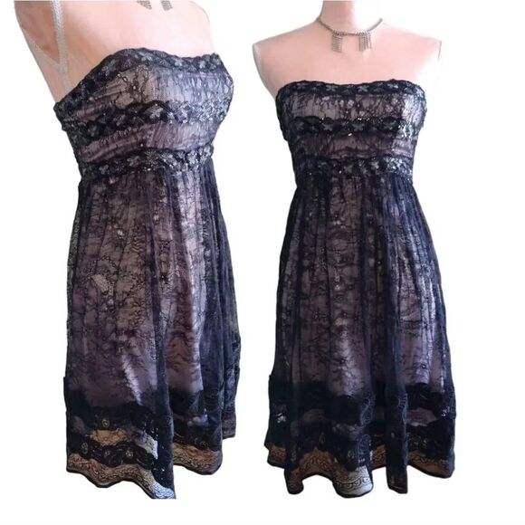 VTG Y2K Black Floral Lace Sequins Strapless Whimsigoth Mini Dress Small - Picture 5 of 15